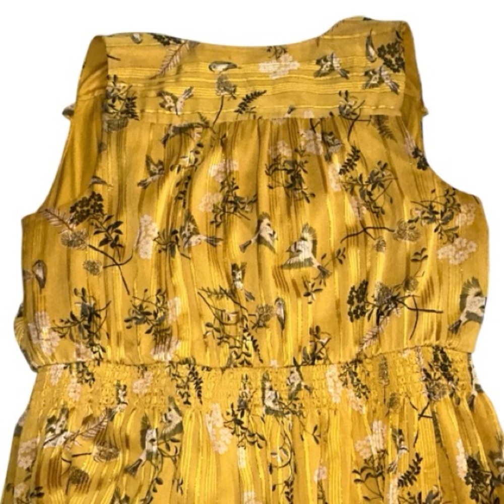 Plus Size Golden Yellow Floral Striped Bird V-Neck Midi Dress 1X EUC - Picture 4 of 7